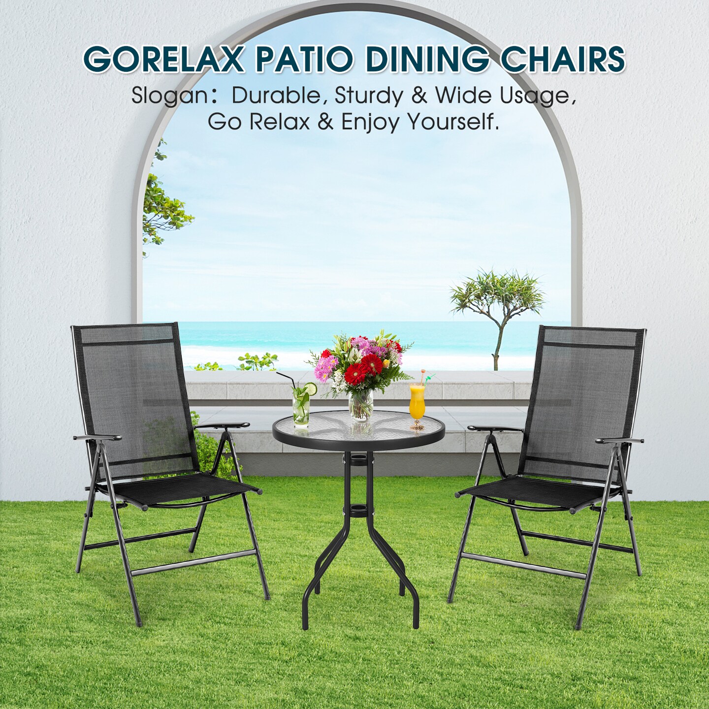 Set of 2 Adjustable Portable Patio Folding Dining Chair Recliner -Black