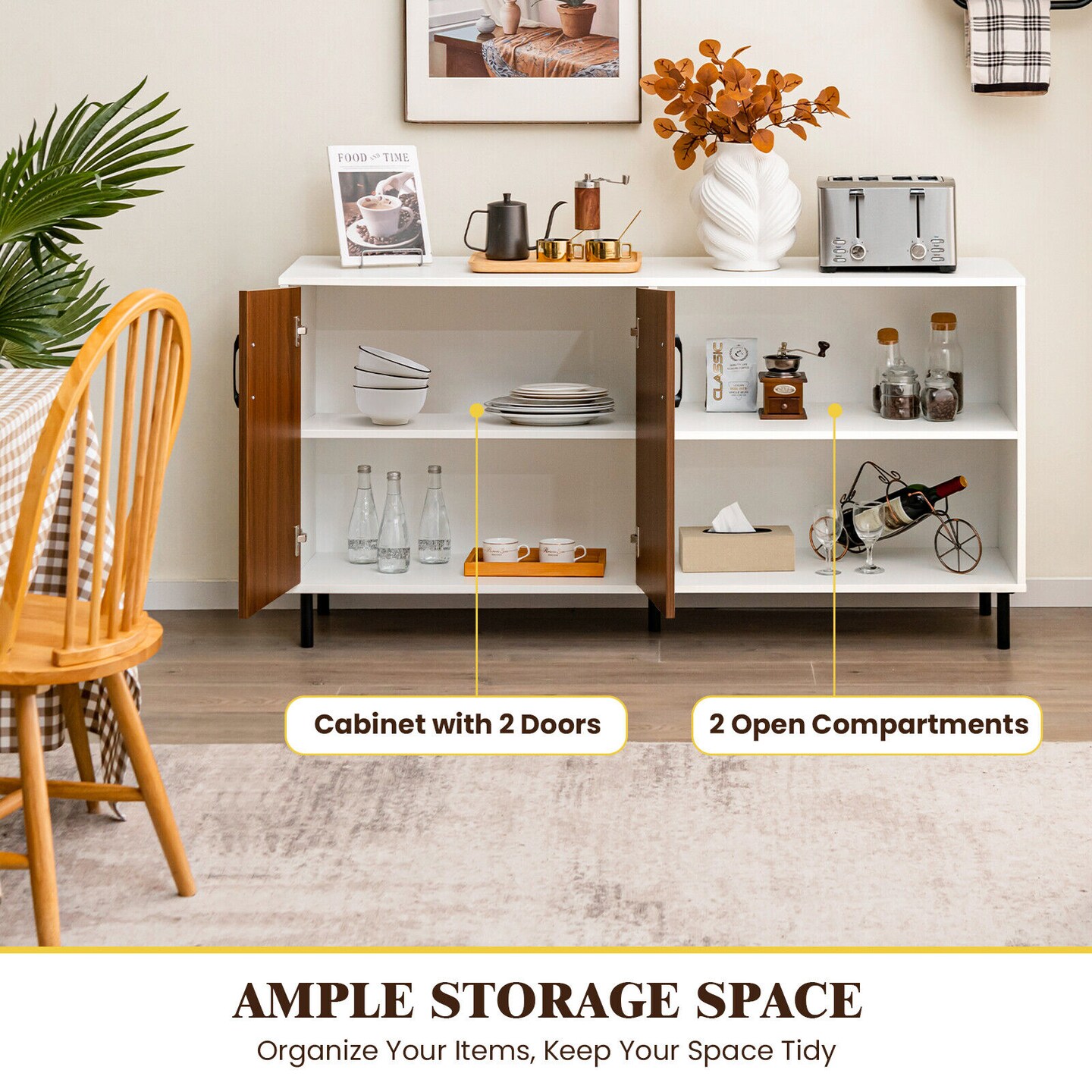Sideboard Cabinet with Open Shelves Doors and Sturdy Metal Legs Walnut White