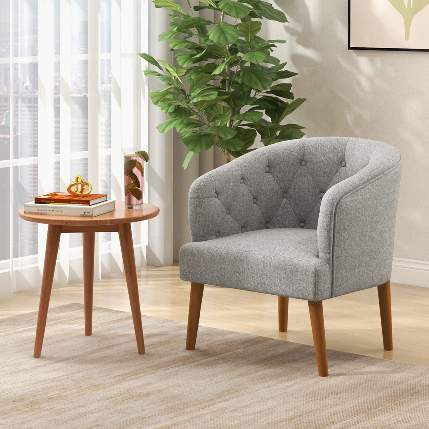 Costway Upholstered Accent Chair Comfy Club Armchair Single Sofa with Rubber Wood Legs