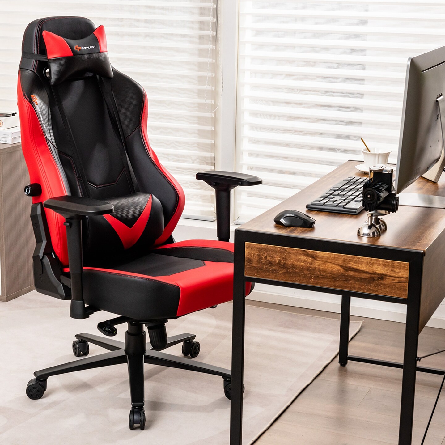 Goplus Gaming Chair 360&#xB0; Swivel Computer Reclining Height Adjustable 4D Armrest Red