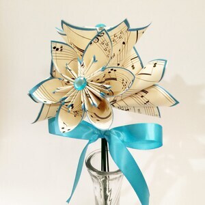 5 Sheet Music Paper Flowers Vase Included, Ready To Ship, One Of A Kind Origami, Handmade Gift, Turquoise, Anniversary