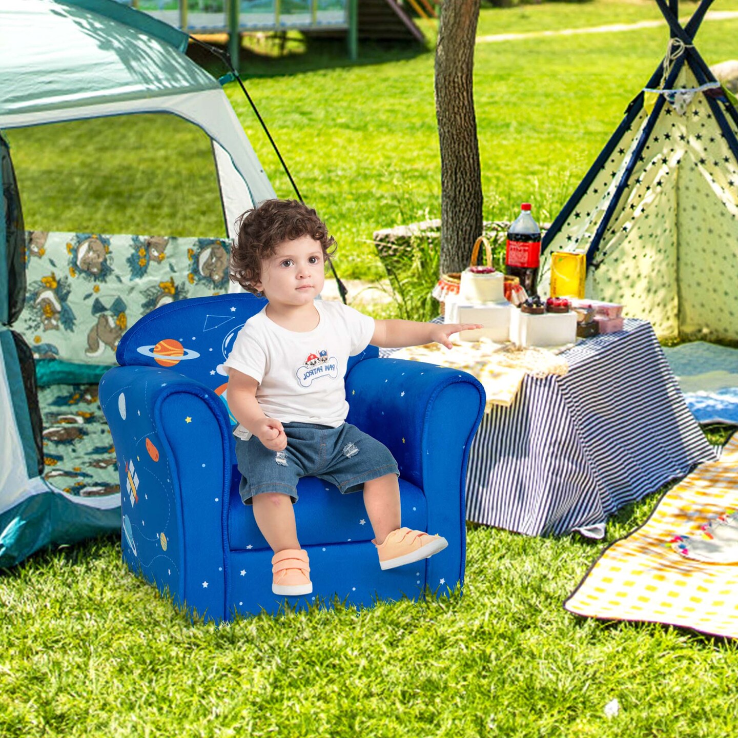 Costway Kids Sofa Toddler Upholstered Armrest Chair withSolid Wooden Frame Blue