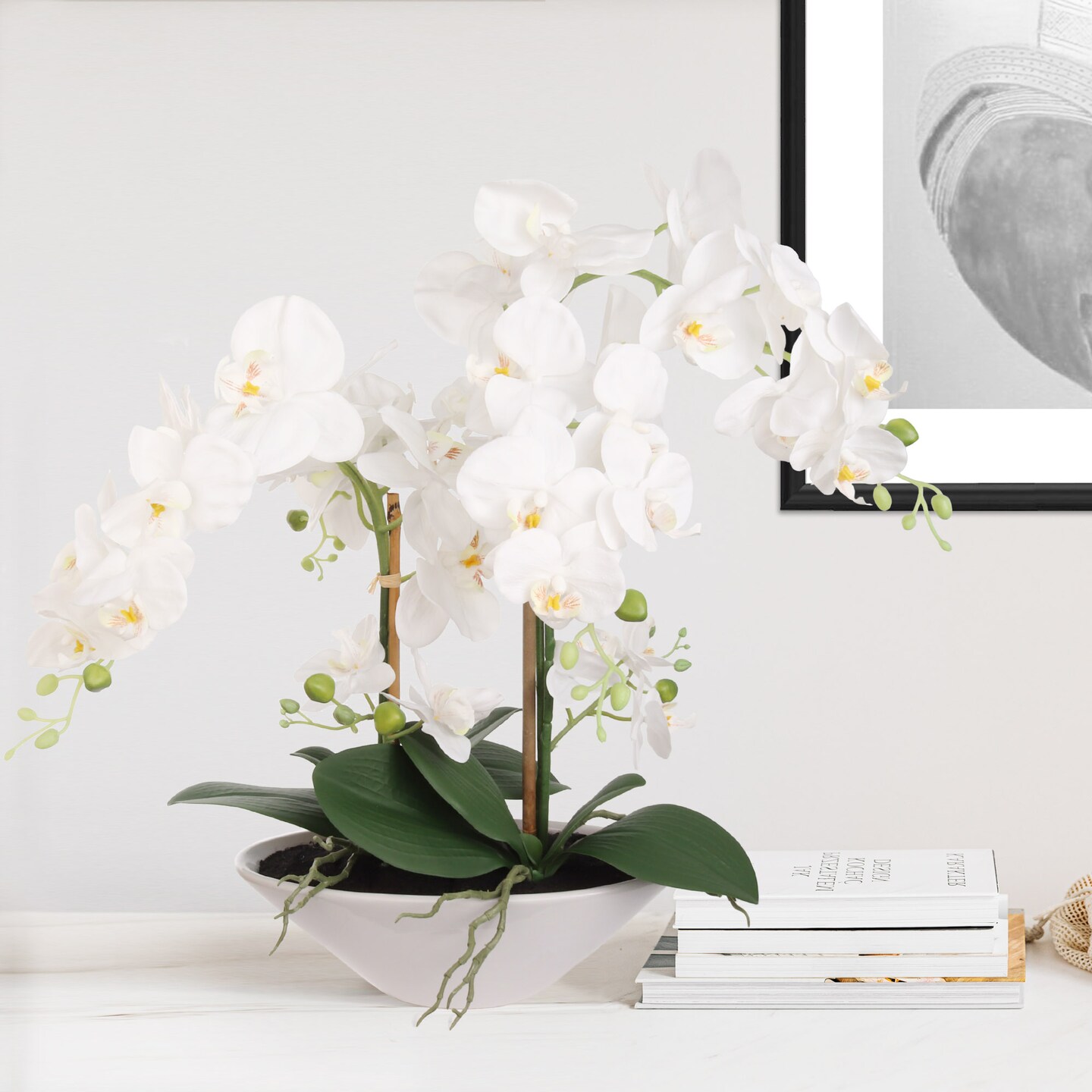 Artificial White Phalaenopsis Orchid Arrangement in White Ceramic Boat Vase | 22-Inch | Lifelike Silk Blooms &#x26; Latex Foliage | Floral Arrangements | Home &#x26; Office Decor