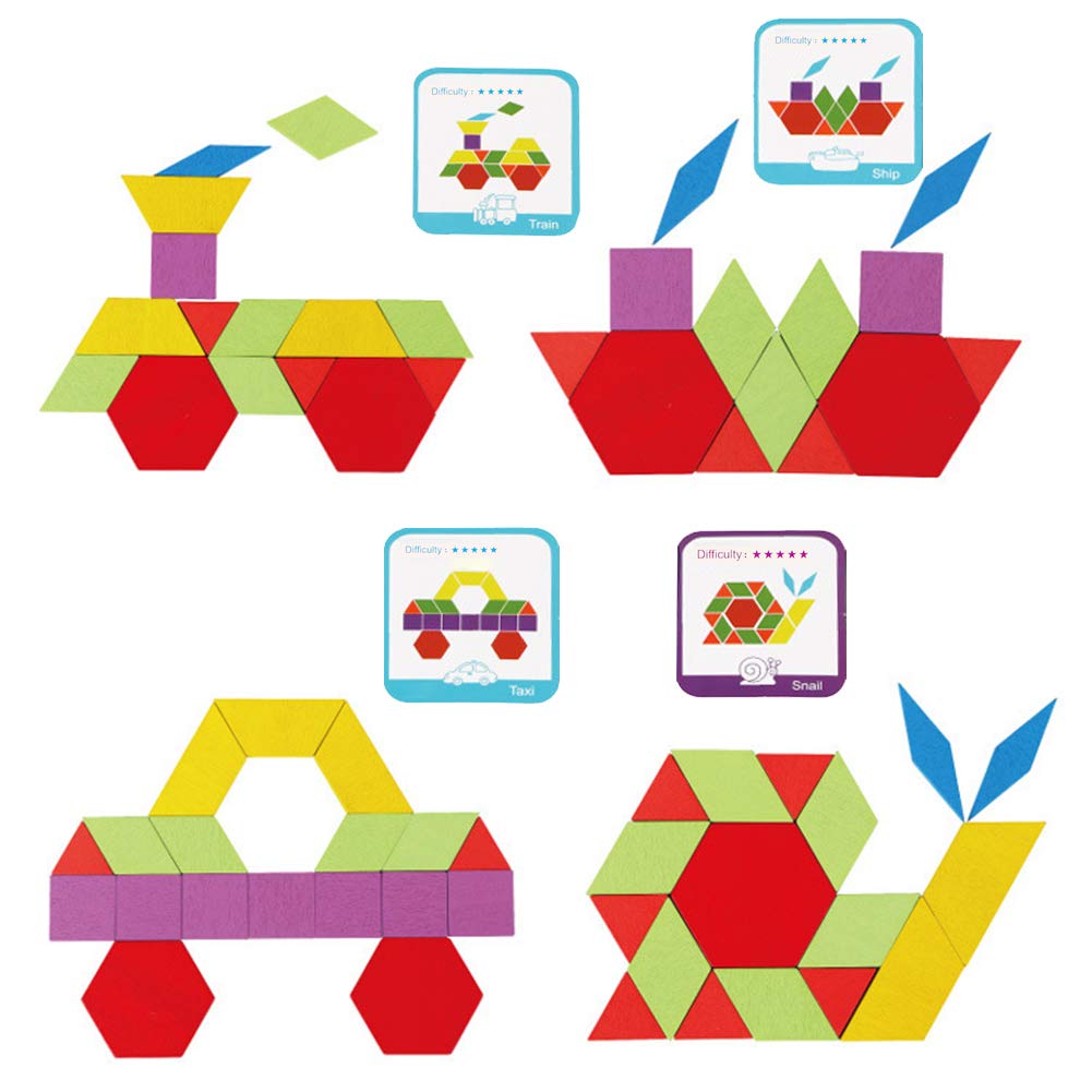 209 Pieces Wooden Pattern Blocks, Geometric Shapes Blocks Pattern Blocks with Cards Tangram Puzzles for Kids Educational Tangram Toys