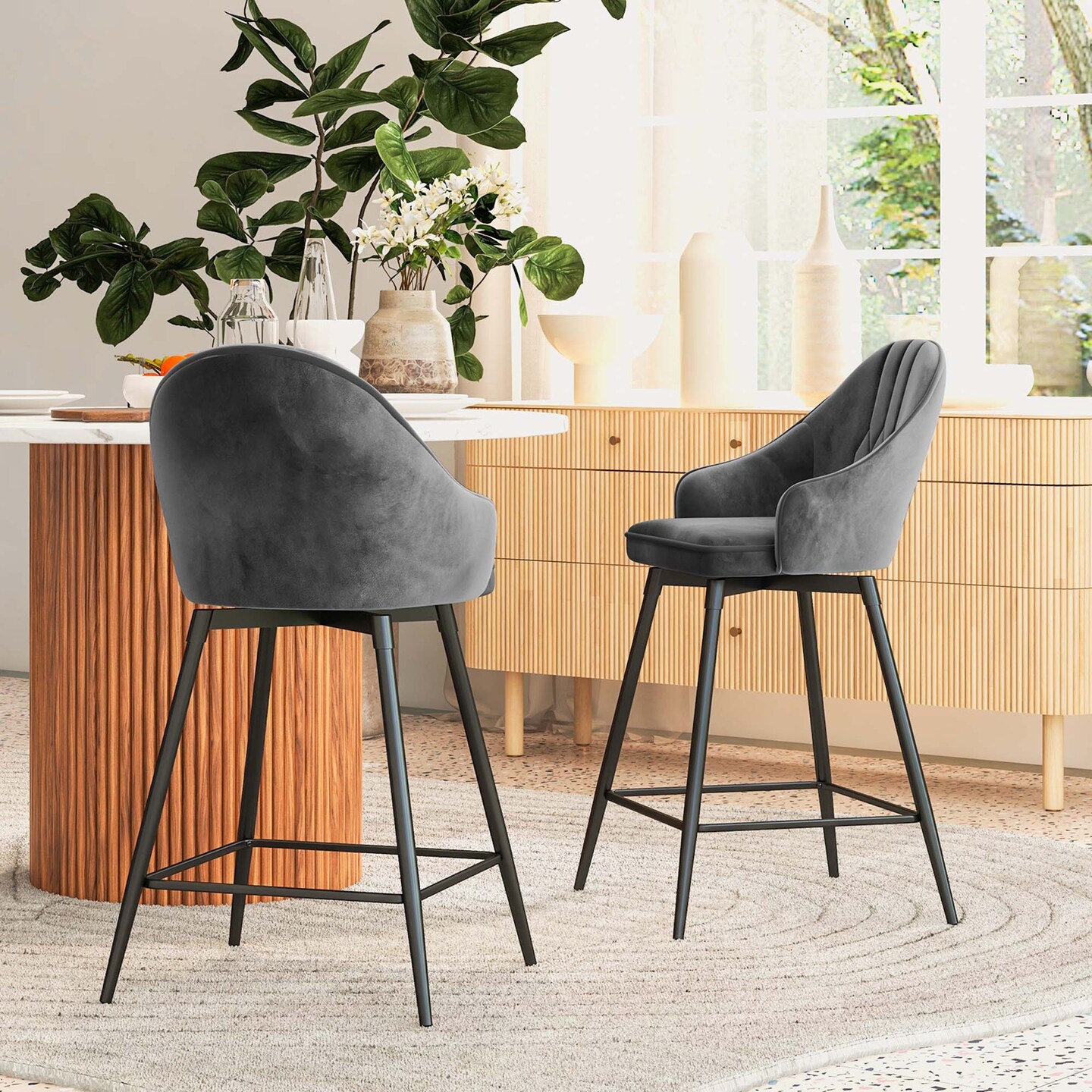 Costway Set of 2 Velvet Bar Stools Swivel Counter Height Dining Chair with Metal Legs Gray