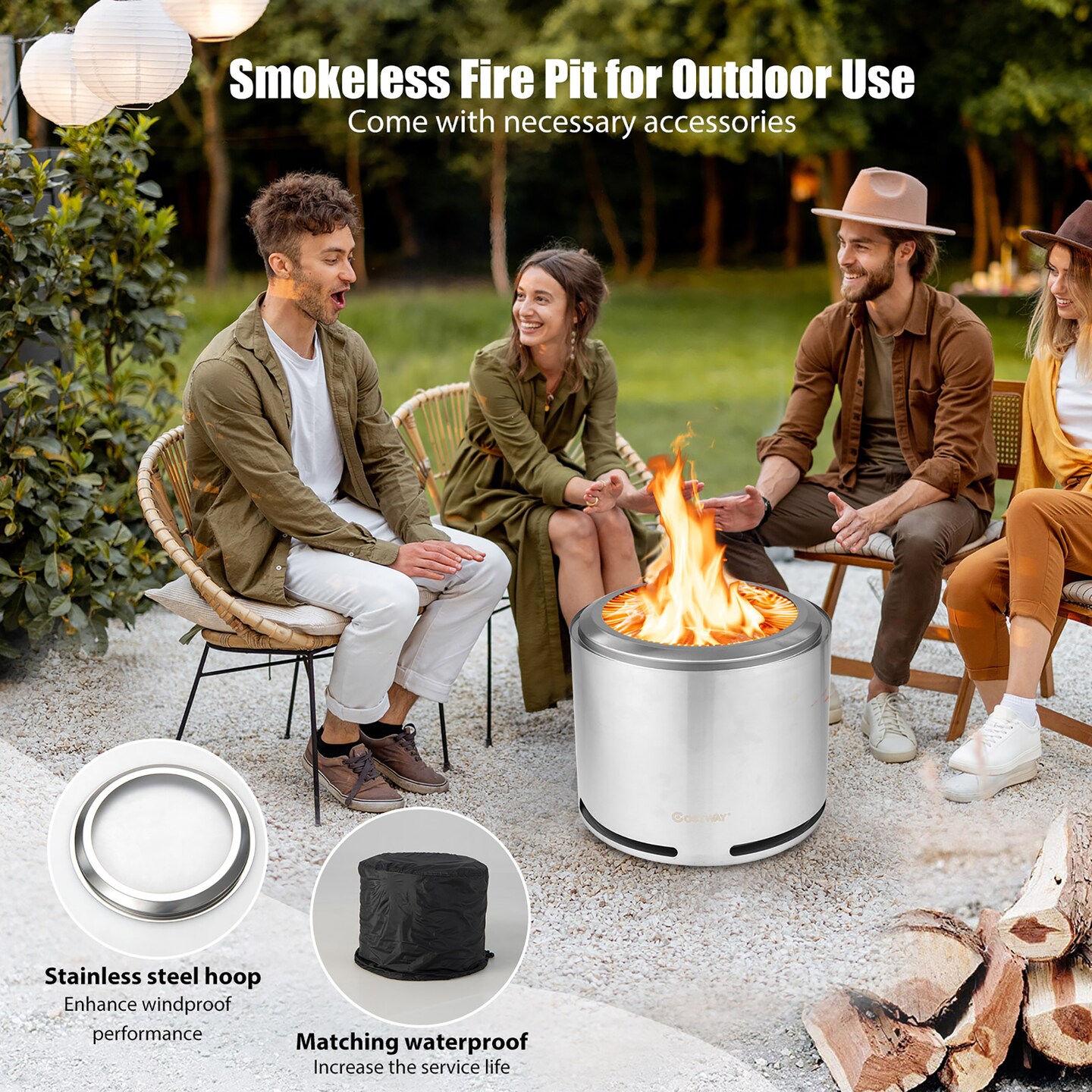 Costway 18.5&#x27;&#x27; Smokeless Fire Pit 304 Stainless Steel Stove Bonfire with Waterproof Cover