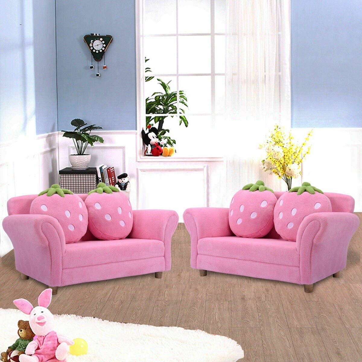 Pink Children Sofa with Soft Coral Fleece and Cute Strawberry Cushions