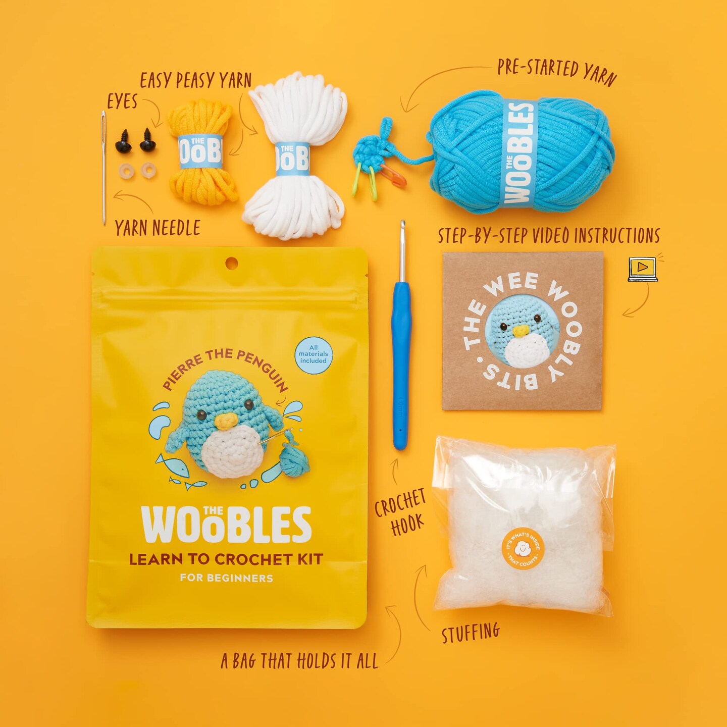 The Woobles Beginners Crochet Kit with Easy Peasy Yarn as seen on Shark Tank - with Step-by-Step Video Tutorials - Pierre The Penguin
