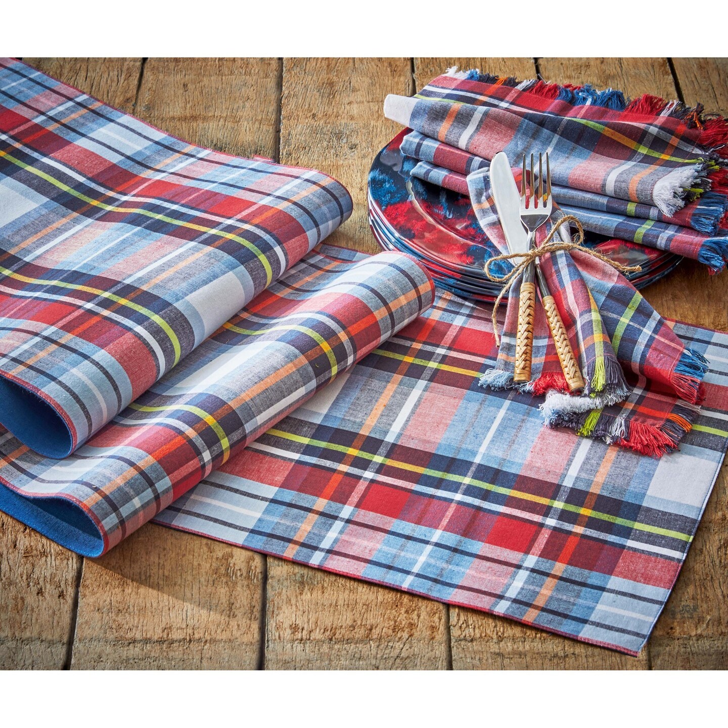 Weekend Plaid Red Blue and Black Cotton Machine Washable Table Runner Décor Decoration 72" x 14.5"-in.