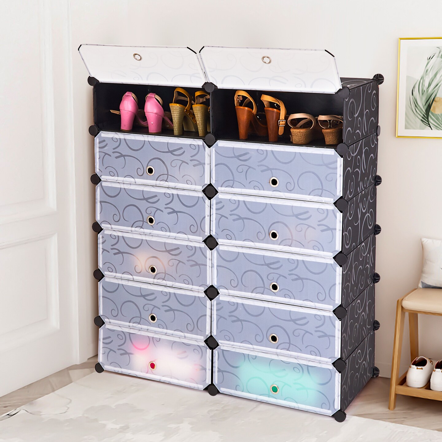 12 Cubes DIY Portable Plastic Shoe Rack with Doors