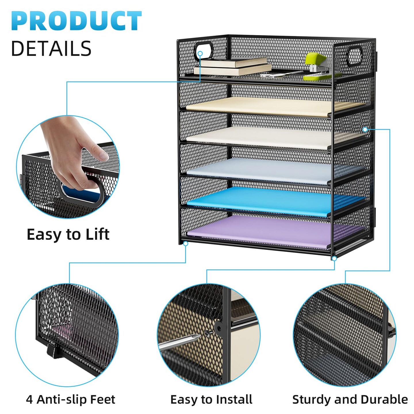 Marbrasse Mesh Desk Organiser Tray, 6 Tier Letter Tray Organiser with Hander,Office Trays Desk Organiser Accessories, Paper Tray Organiser for A4 File Holder - Black