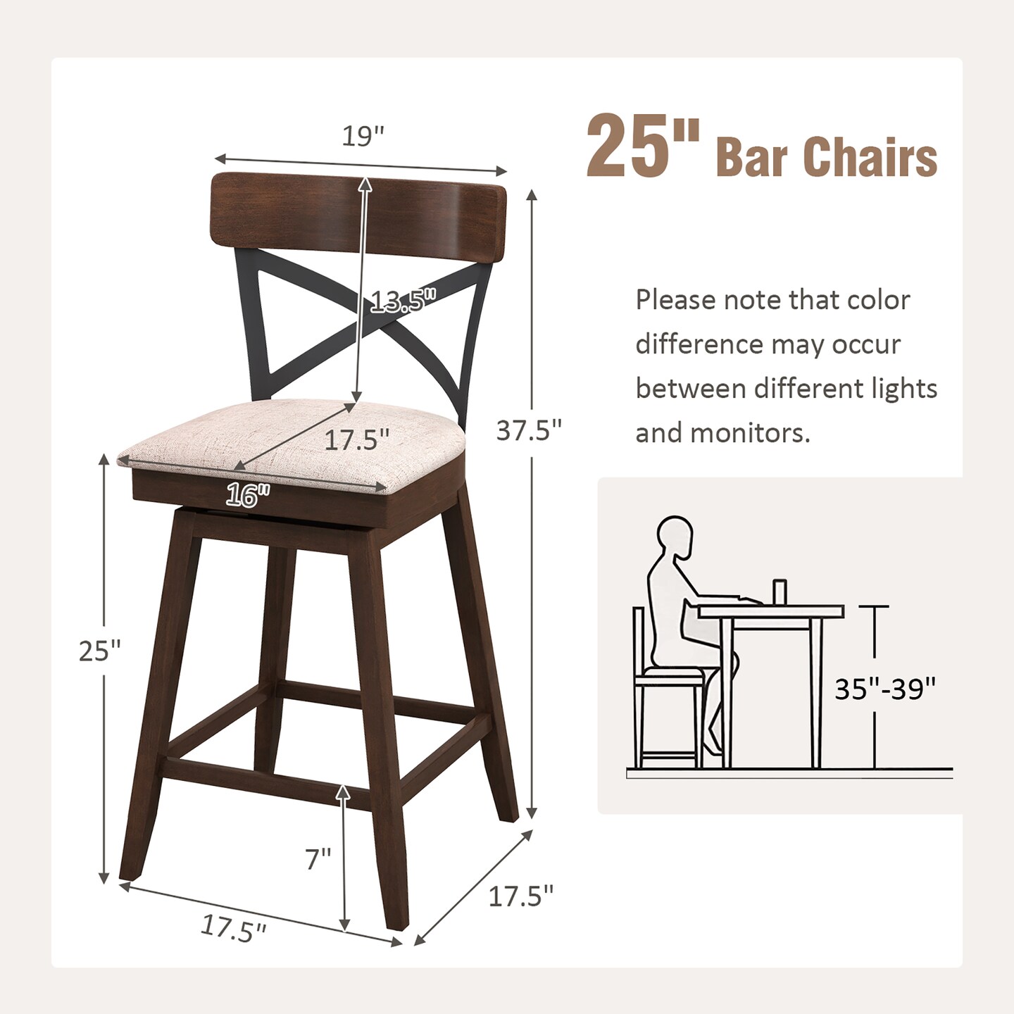 Costway Set of 4 Wooden Swivel Bar Stools Upholstered Counter Height Dining Chairs