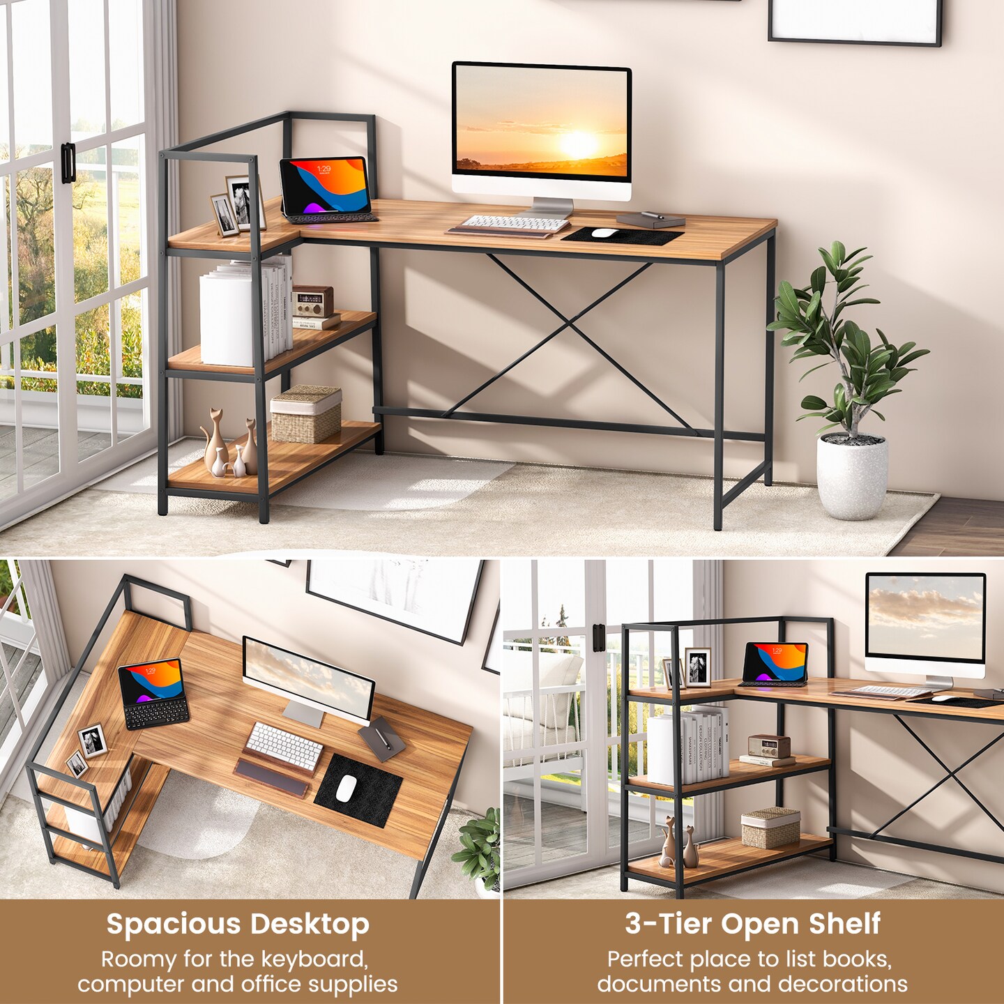 Costway Reversible L Shaped Computer Desk Corner Workstation with 3-Tier Open Shelf