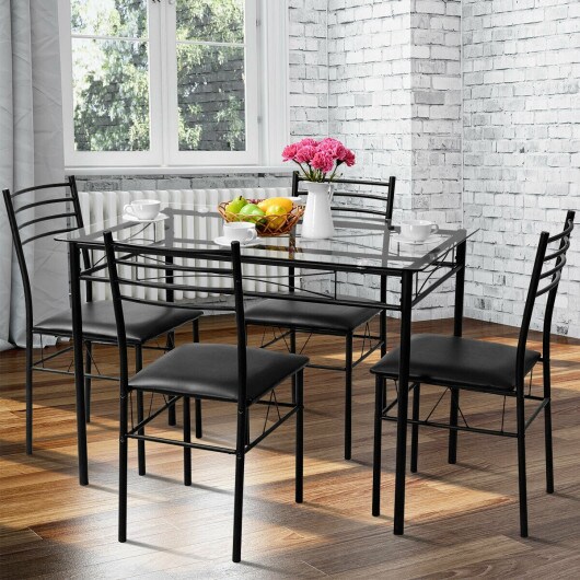 5 pcs Dining Glass Top Table &#x26; 4 Upholstered Chairs