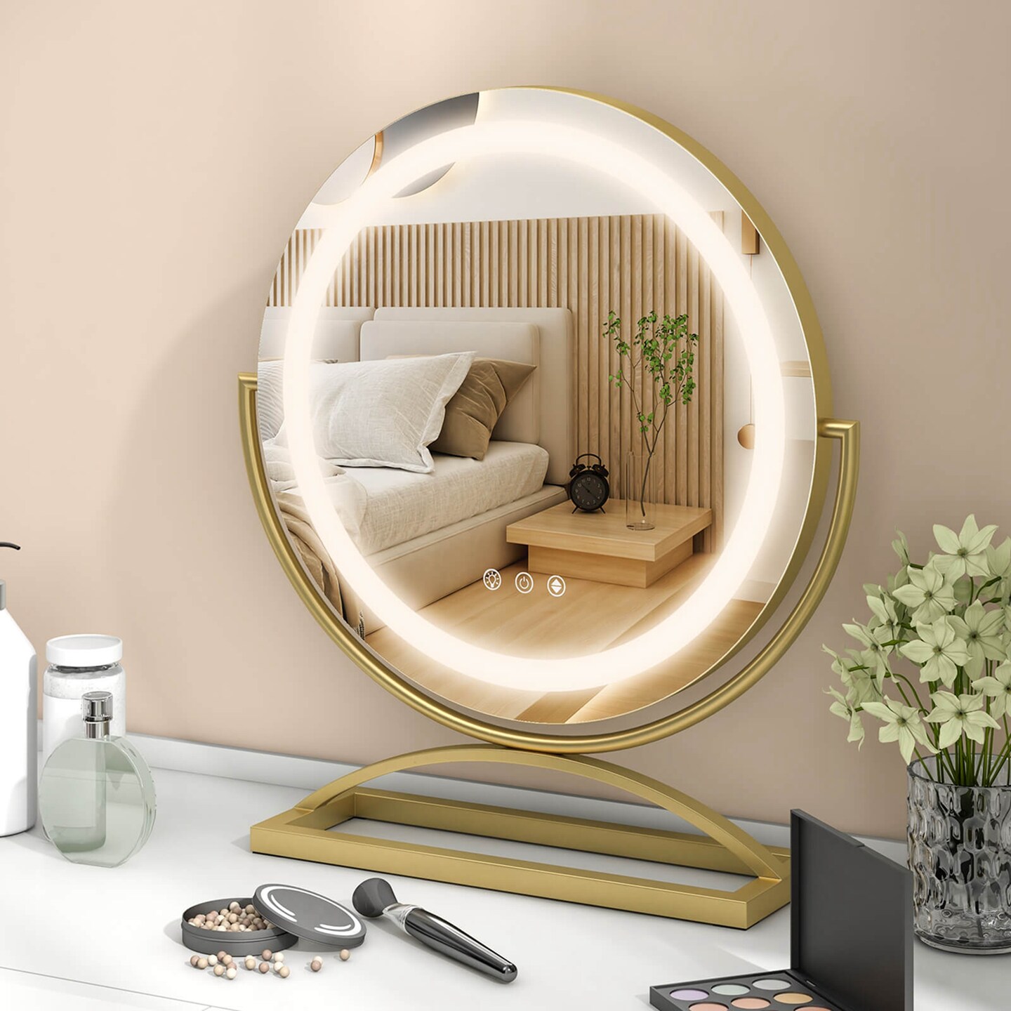 Costway 16&#x22; Round Makeup Vanity Mirror with Lights 3 Color Dimmable Touch Control Black/Gold/White