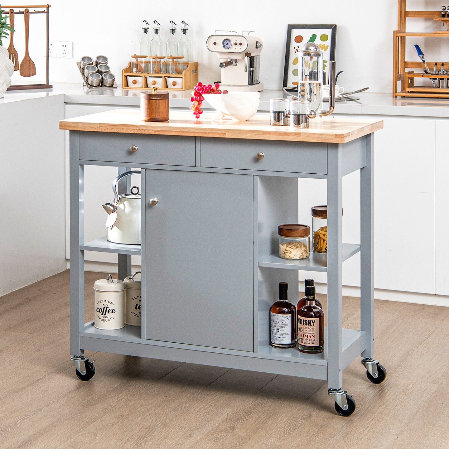 Mobile Kitchen Island Cart With 4 Open Shelves And 2 Drawers Michaels   444887002540048 