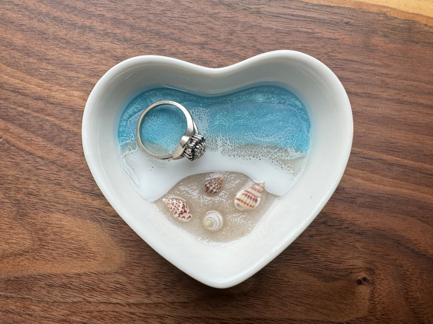 Blue Water Personalized Ring Dish, Beach Ceramic Heart Dish for Wedding Anniversary Gift for Engagement Gift from Realtor Side Table Decor