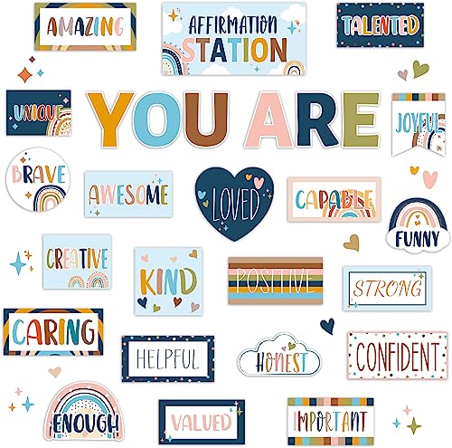 Boho Affirmation Station Bulletin Board Set Rainbow Bulletin Board for Classroom Decor Hippie Motivational Posters Positive Affirmations Accents Cutouts for Teachers School Chart Wall Supplies