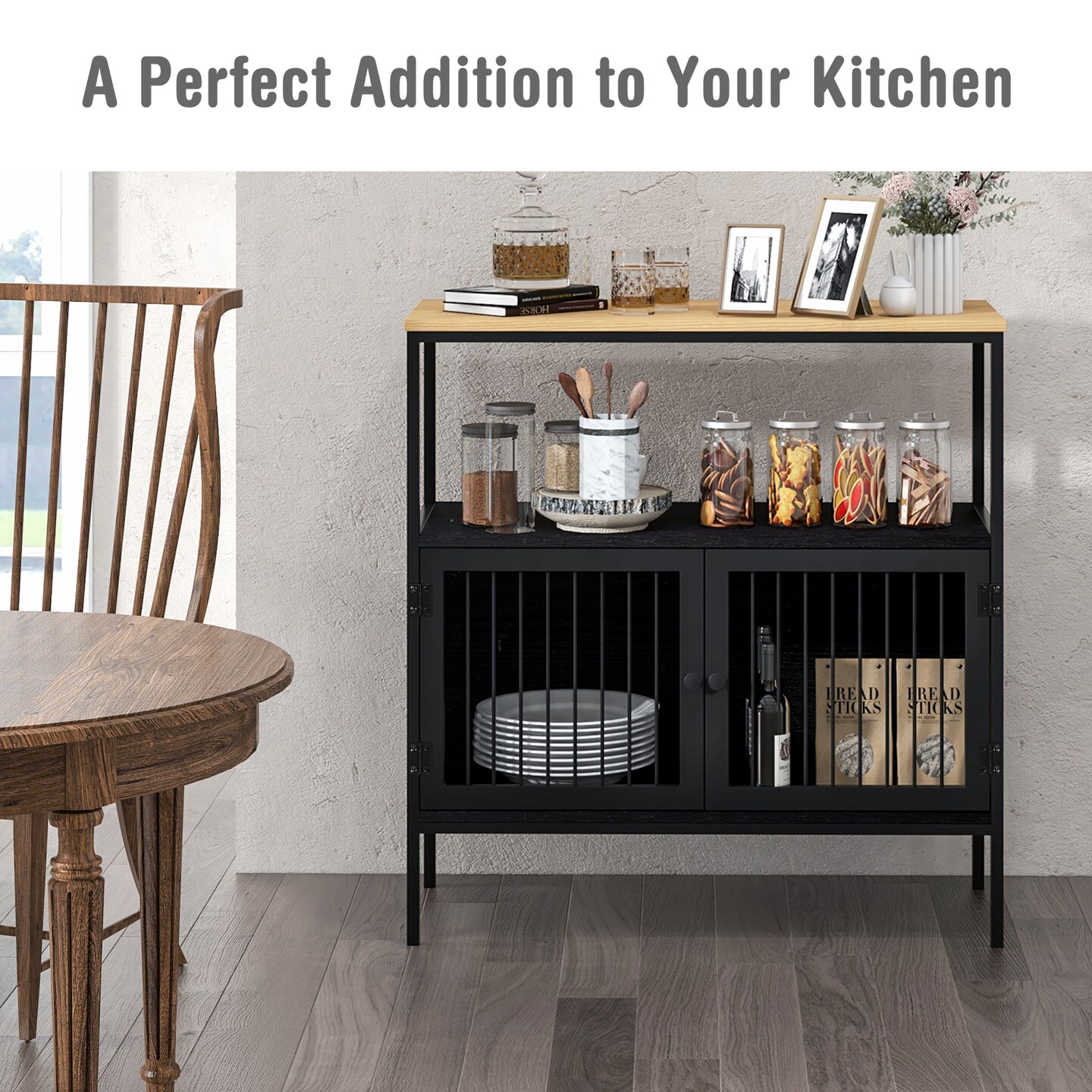 Costway Kitchen Server Buffet Sideboard Storage Cabinet Cupboard with  2 Doors &#x26; Open Shelf