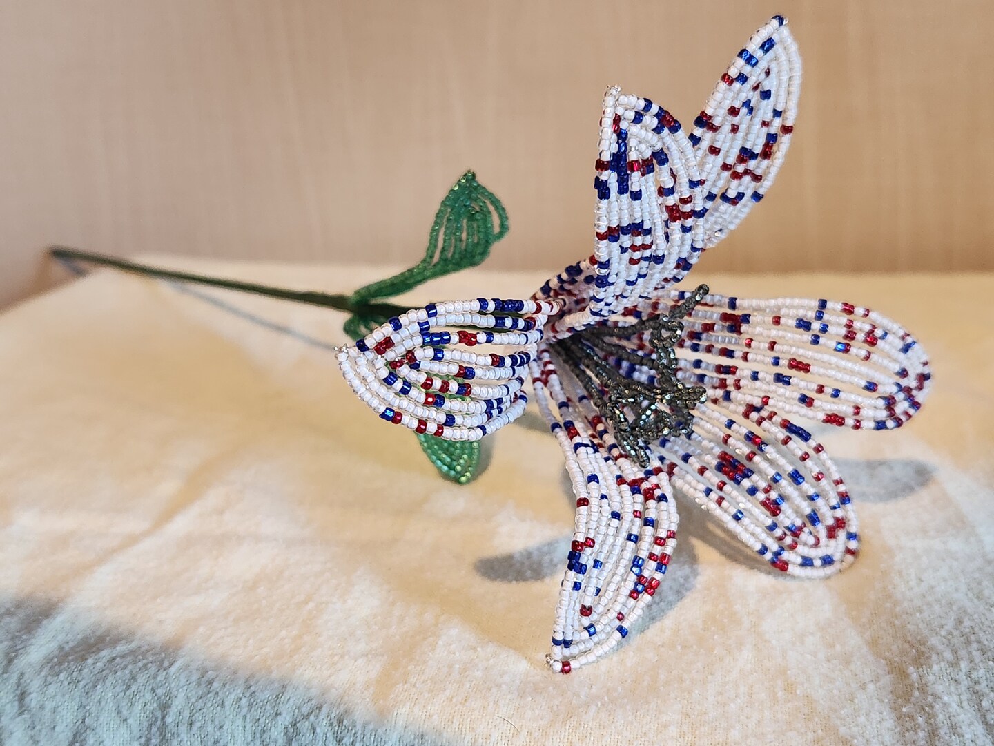 French Beaded flowers lilies det of 6 speckled red white and blue