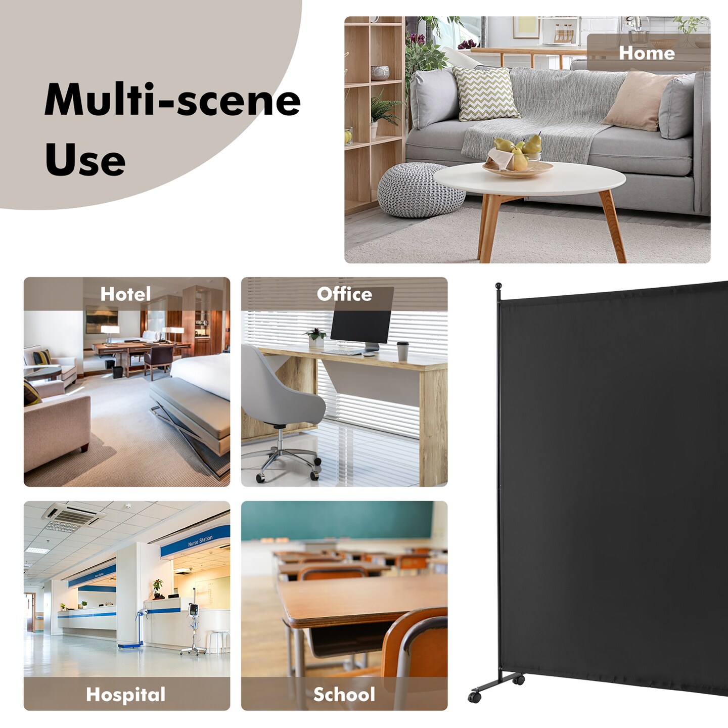 Costway 6FT Single Panel Room Divider with Wheels Rolling Fabric Partition Privacy Screen