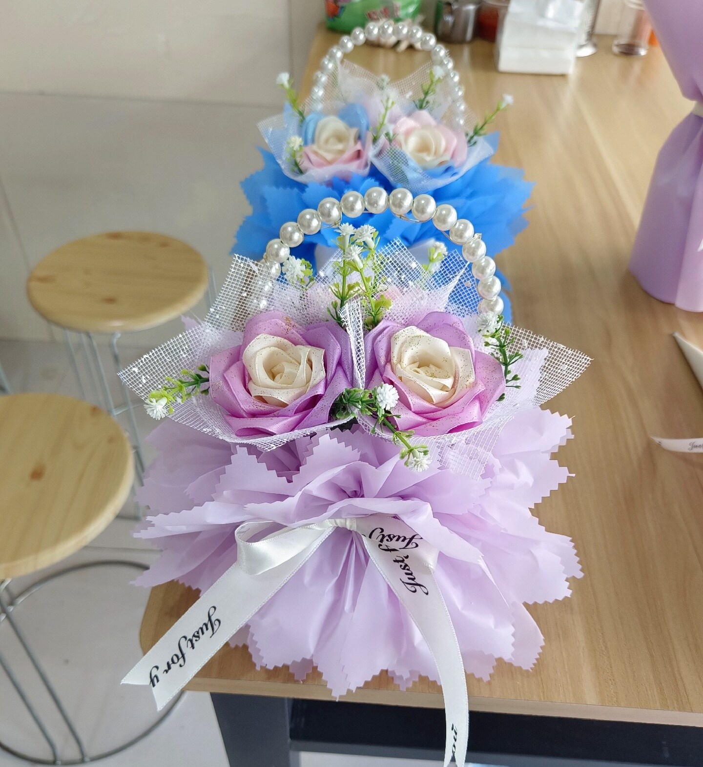 Handcrafted Ribbon Basket Bouquet with Lights - BLING Rose Floral