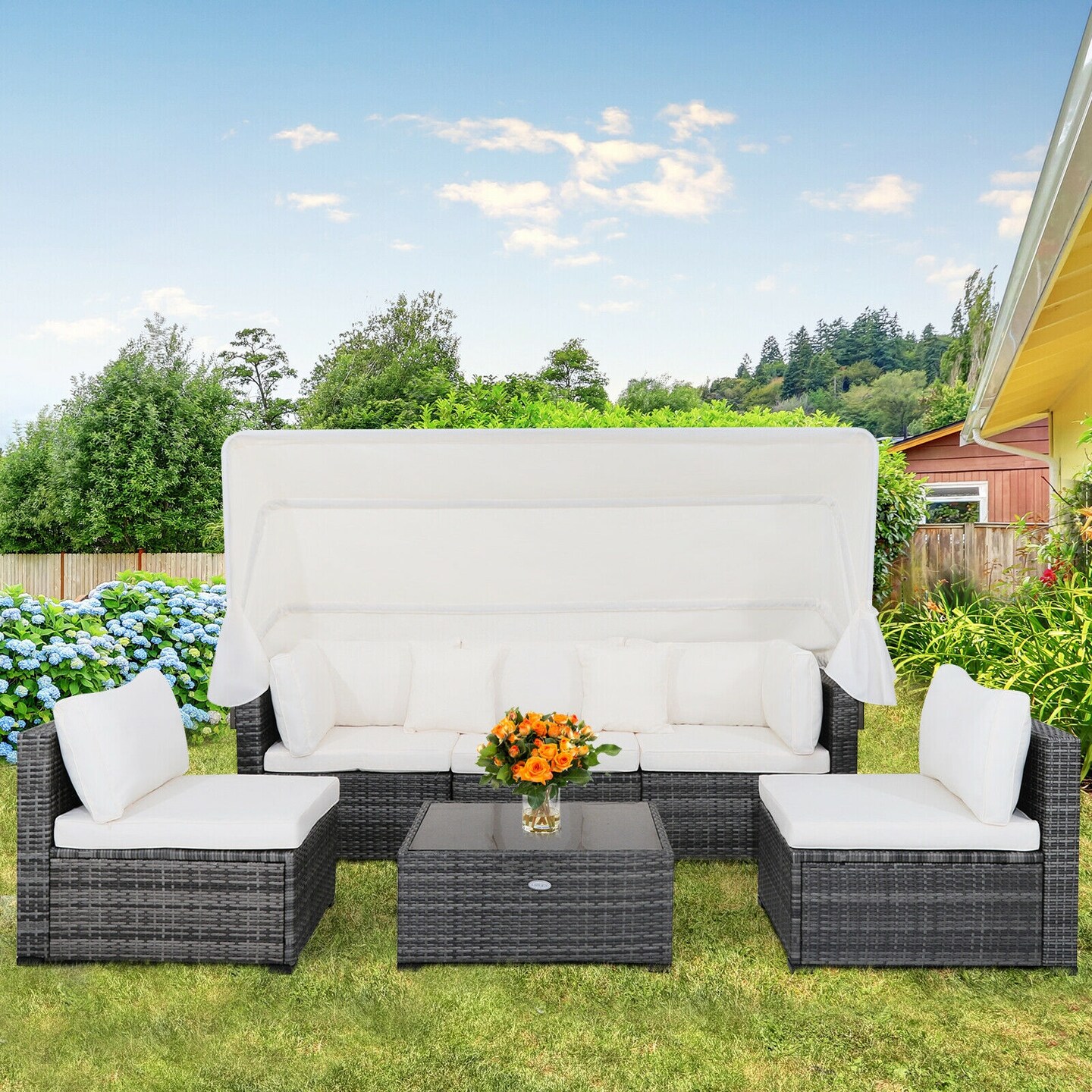 6 Pieces Outdoor Patio Retractable Canopy Furniture Set