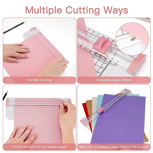 Portable Paper Trimmer,12 Inch Paper Slicer Scrapbooking Tool with Automatic Security Safeguard and Side Ruler for Craft Paper,A4 A5 Paper,Coupon, Label and Cardstock (Blue) (Pink)