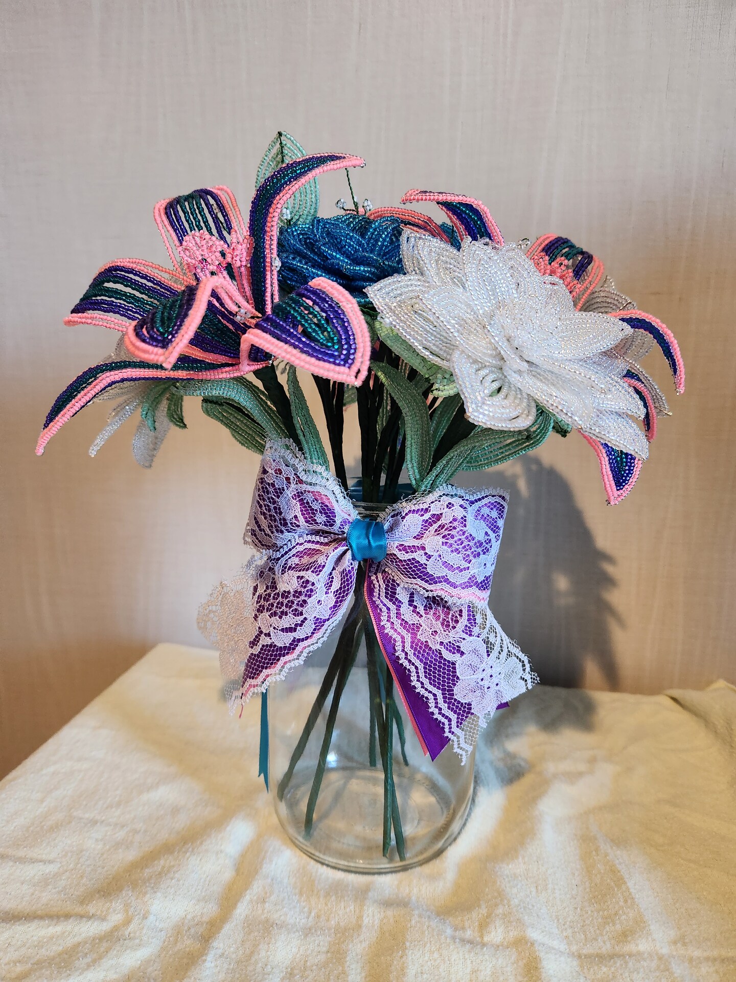 French beaded flowers Mason jar bouquet with bow | MakerPlace by