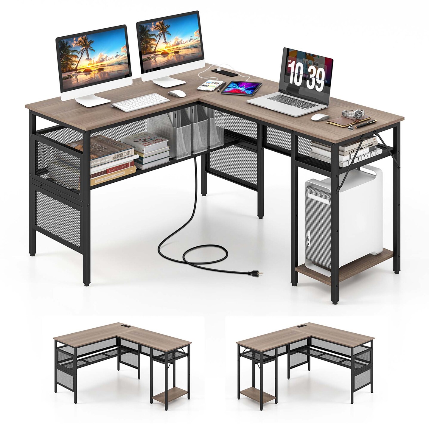 Costway Reversible L-Shaped Computer Desk with Charging Station Adjustable Shelf CPU Stand