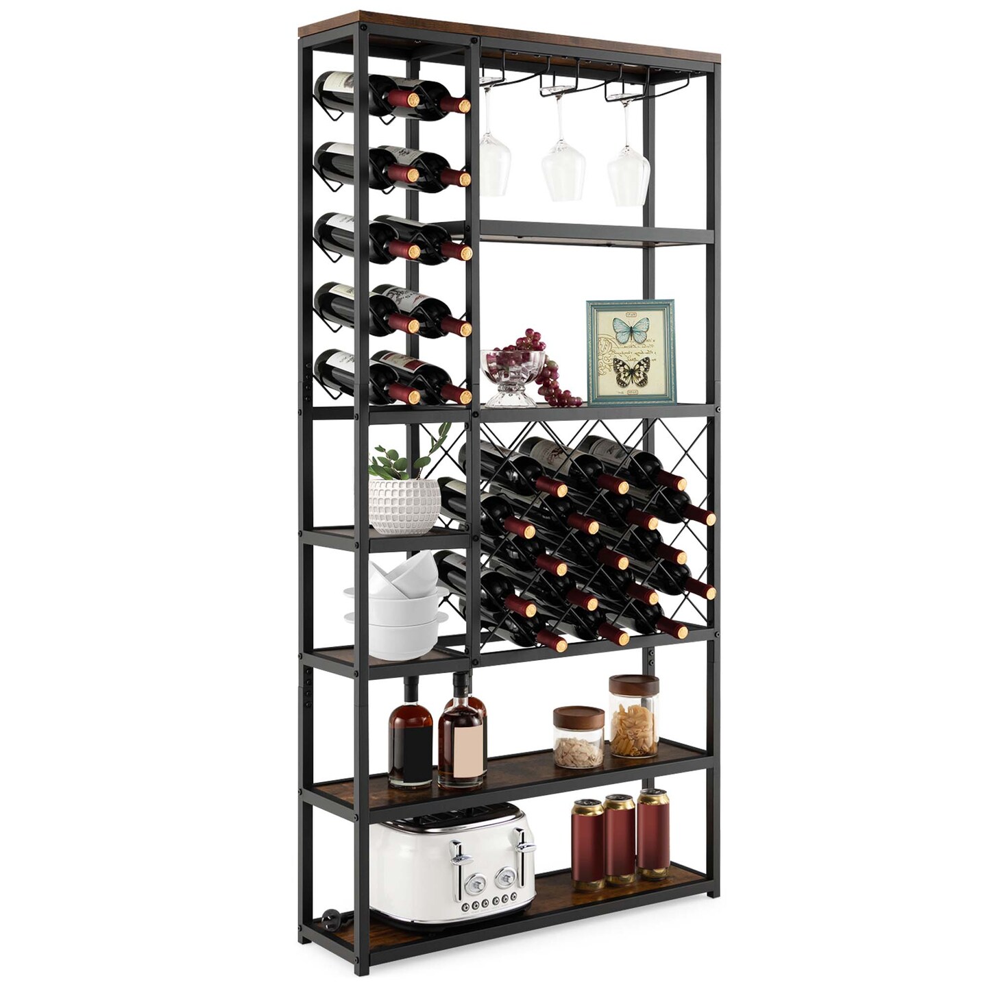 Costway Industrial Wine Rack Multi-purpose Freestanding Bakers Rack with Glass Holder