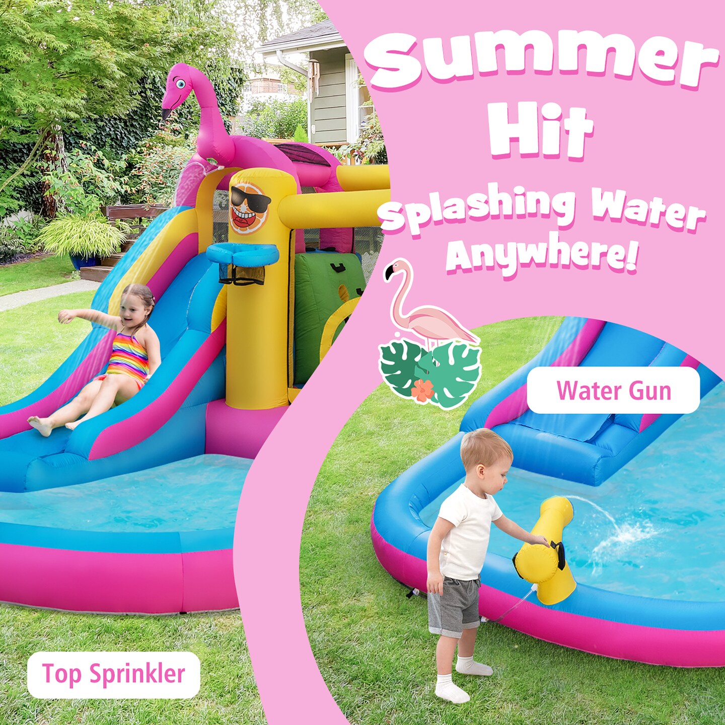 Costway Tropical Inflatable Bounce Castle for Backyard, Ocean Ball &#x26; 735W Blower Include