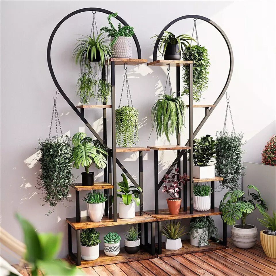 2PCS 6-Layer Plant Stand Large Heart Shaped Flower Pot Herb Display Rack w/ Hook