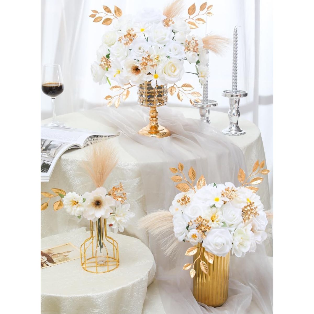 Pure White Rose &#x26; Dahlia Flowers with Stems