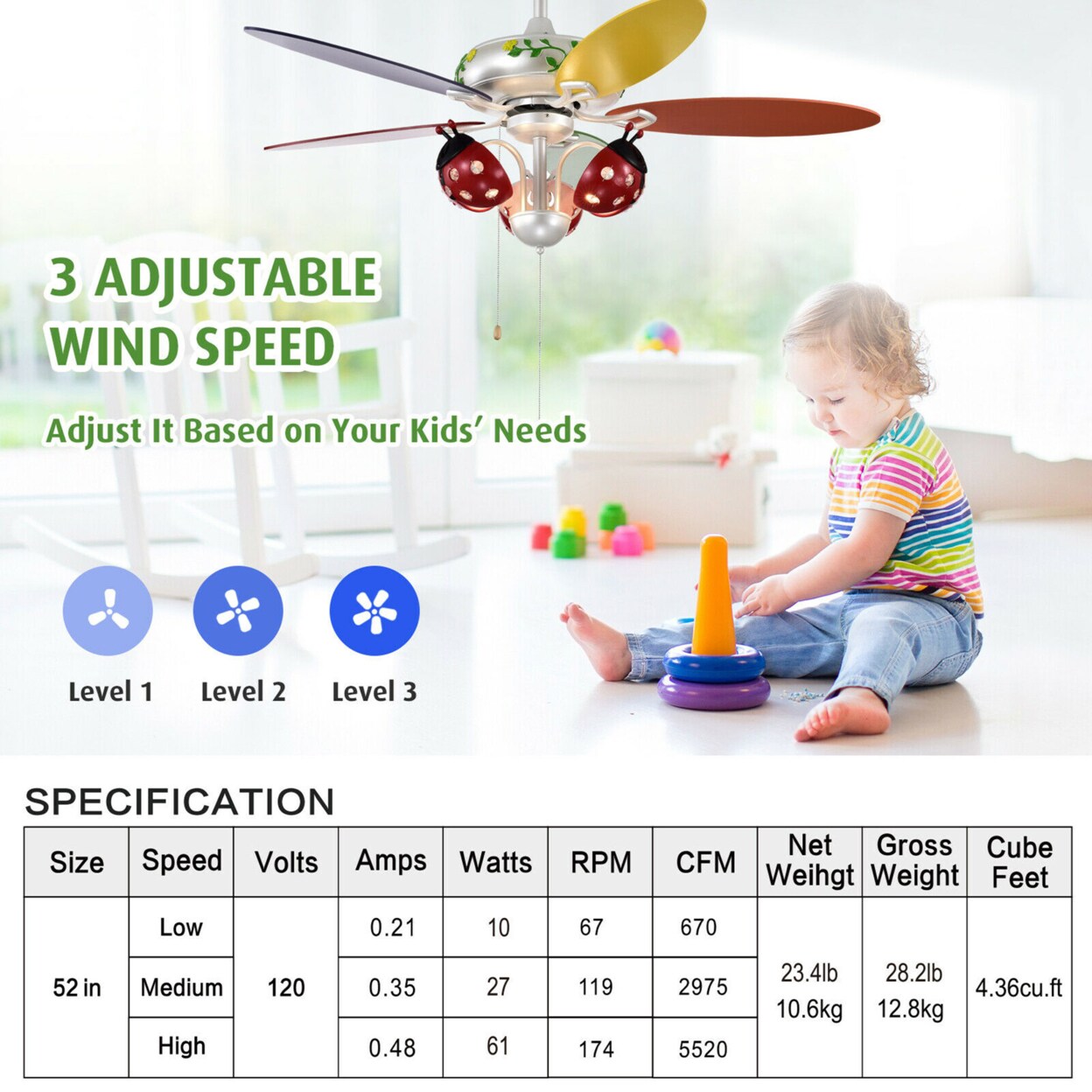 52 Ceiling Fan With Light Kids Fan Light W/Pull Chain Control Beetle Multicolor