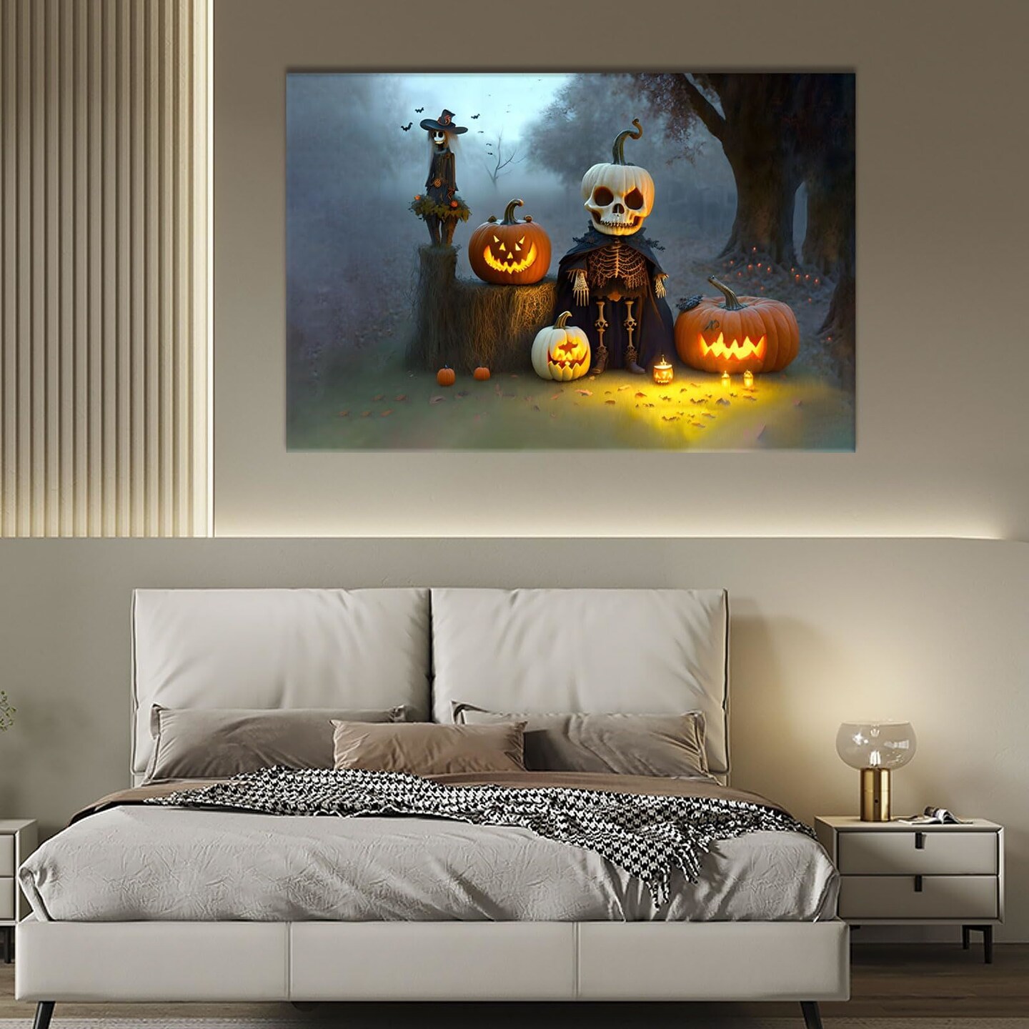 Skeleton with Jack-o&#x27;-lanterns Painting for Halloween - Ideal Gift and Decoration, Ready to Hang