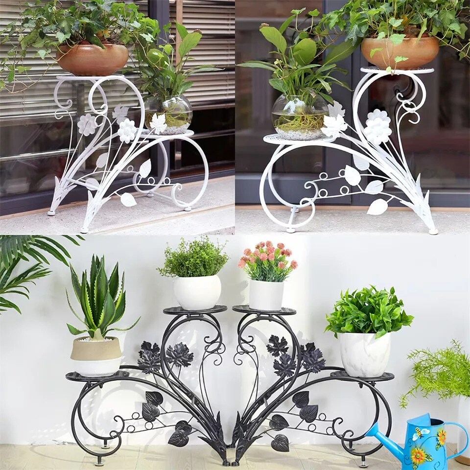 2x Iron Plant Stand Heart Shape Indoor Outdoor 4 Tier Flower Pots Garden Holder