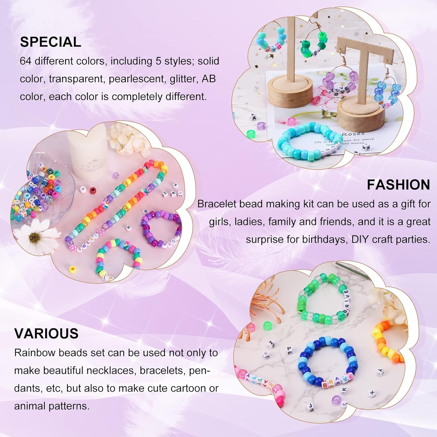 2350pcs, 64 Colors, Pony Beads for Bracelet Making Kit, Rainbow Kandi Beads Friendship Bracelet Kit, Letter Beads and Elastic Strings for Bracelet Necklace Making, Craft Gifts Set for Girls