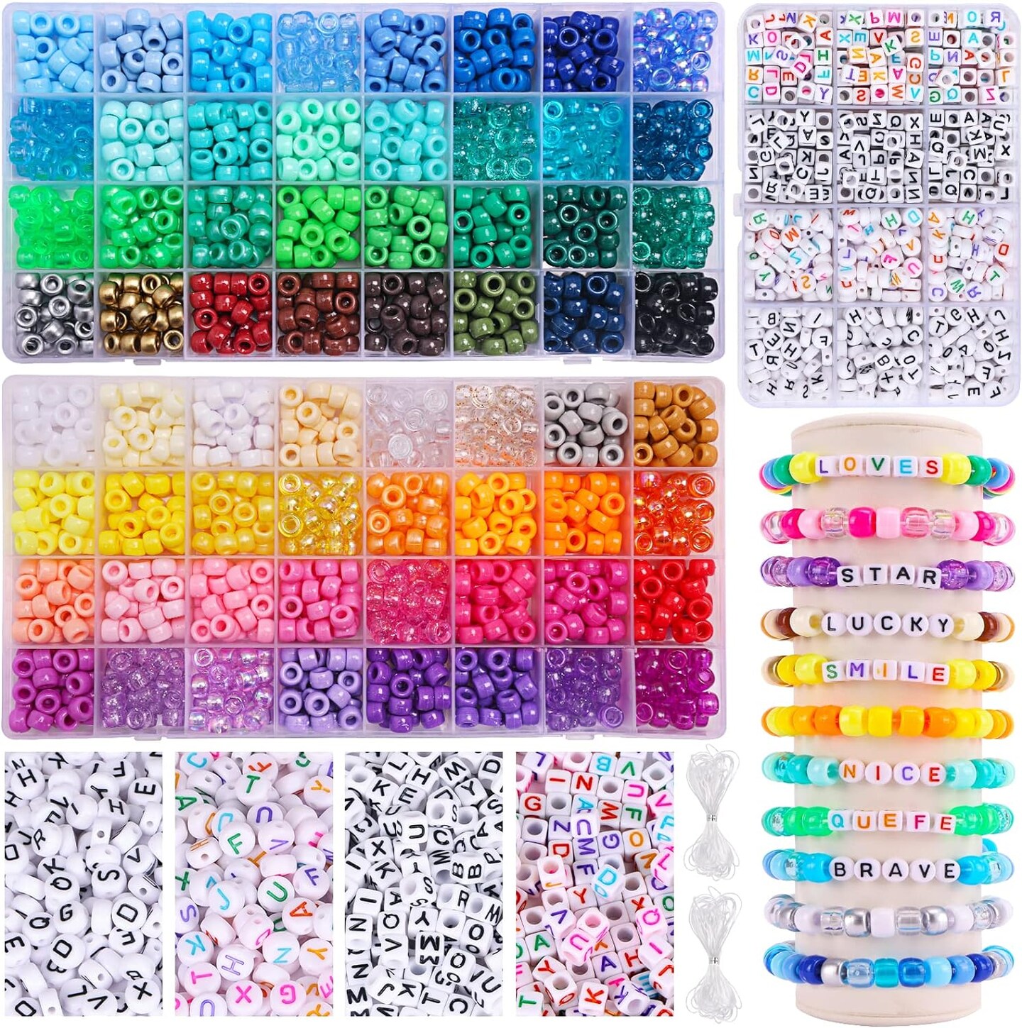 2350pcs, 64 Colors, Pony Beads for Bracelet Making Kit, Rainbow Kandi Beads Friendship Bracelet Kit, Letter Beads and Elastic Strings for Bracelet Necklace Making, Craft Gifts Set for Girls