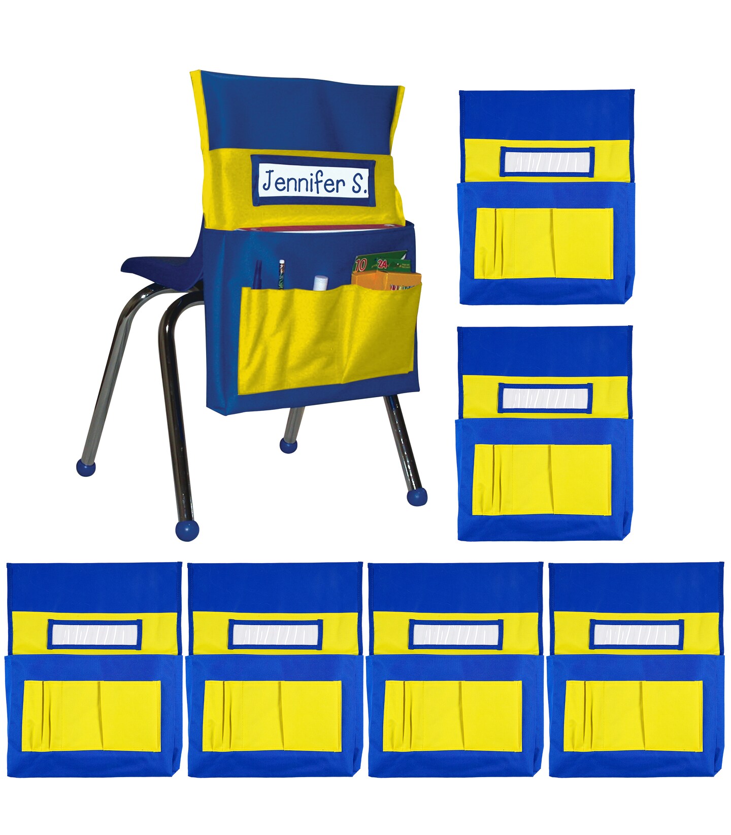 Carson Dellosa 6-Pack Yellow & Blue Chairback Buddy Pocket Chart Set, 15" x 19" Back of Chair School Supplies Pocket Organizer With Name Tag and 6 Chair Pockets for Classrooms, Classroom Organization