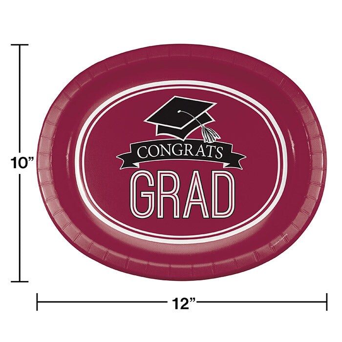 Burgundy Graduation Red Paper Oval Platters, 10&#x22; X 12&#x22; (8/Pkg)