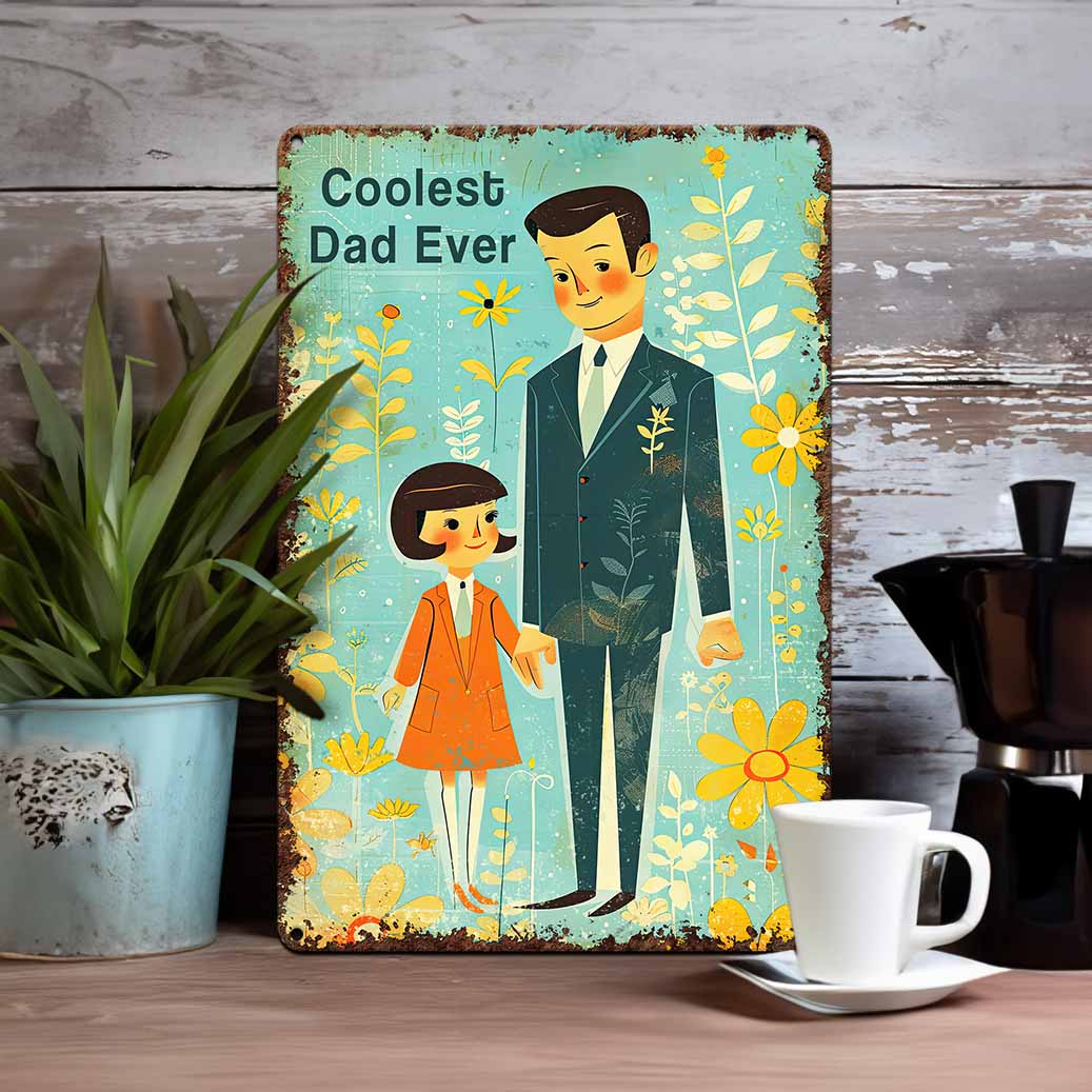 Gift For Dad Metal Art Sign - Retro Mid Century Modern Decor - Office Decor - Indoor Outdoor Safe- Fathers Day Gift - Coolest Dad Ever