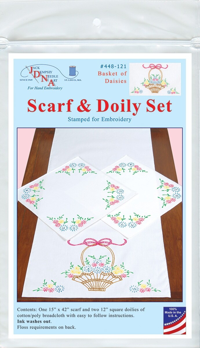 Jack Dempsey Stamped Dresser Scarf & Doilies Perle Edge-Basket Of Daisies