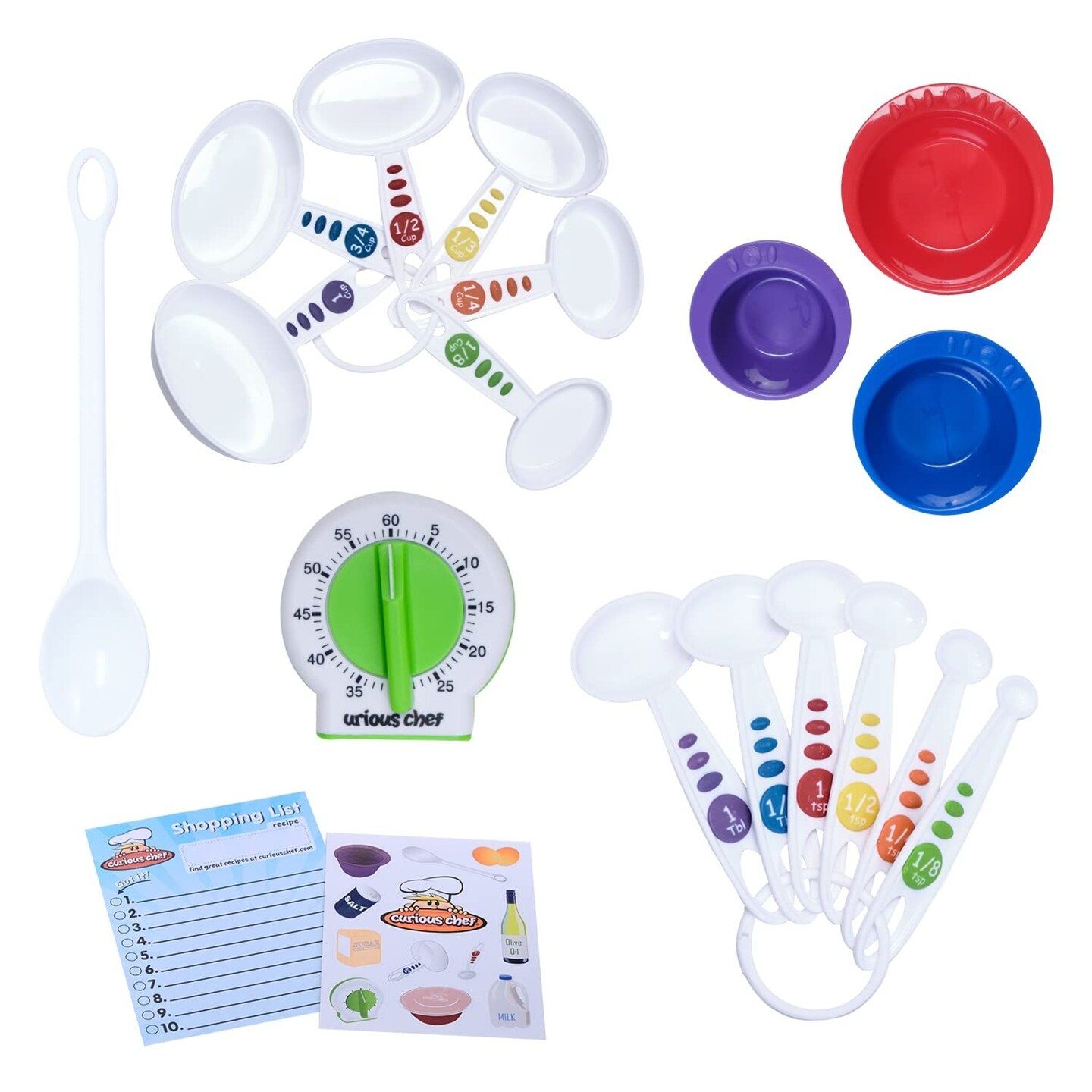 Curious Chef 17-Piece Cookware for Kids, Measure &#x26; Prep Kit, Dishwasher Safe Tools, Made with BPA-Free Plastic, Includes Real Utensils - Measuring Cups, Spoons, Bowl Set, Kitchen Timer &#x26; More