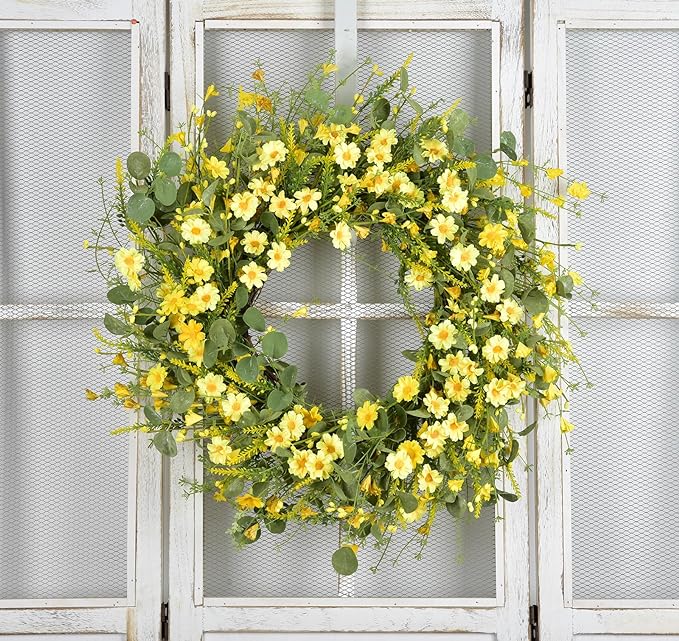 24 Inch Spring Wreath Yellow Daisy with Eucalyptus Wreath for Front Door