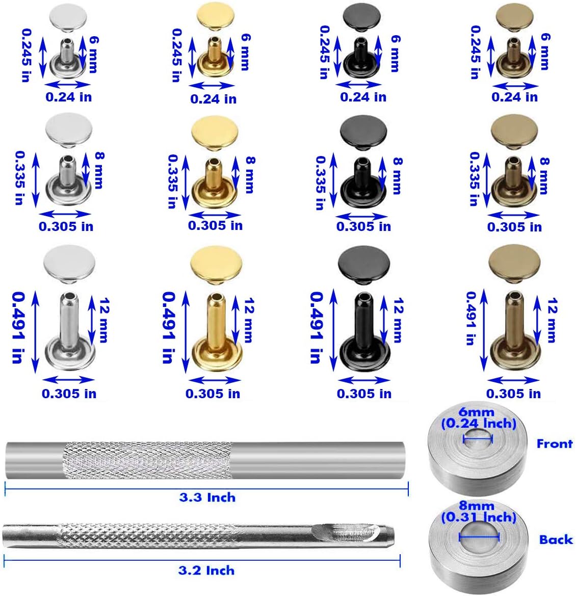 484Pcs Leather Rivets Double Cap Rivet Tubular Metal Studs 3 Sizes with Punch Pliers and 3Pcs Setting Tool Kit for Leather Craft Repairs Decoration (Gold,Silver,Bronze,Gunmetal, 4 Colors)
