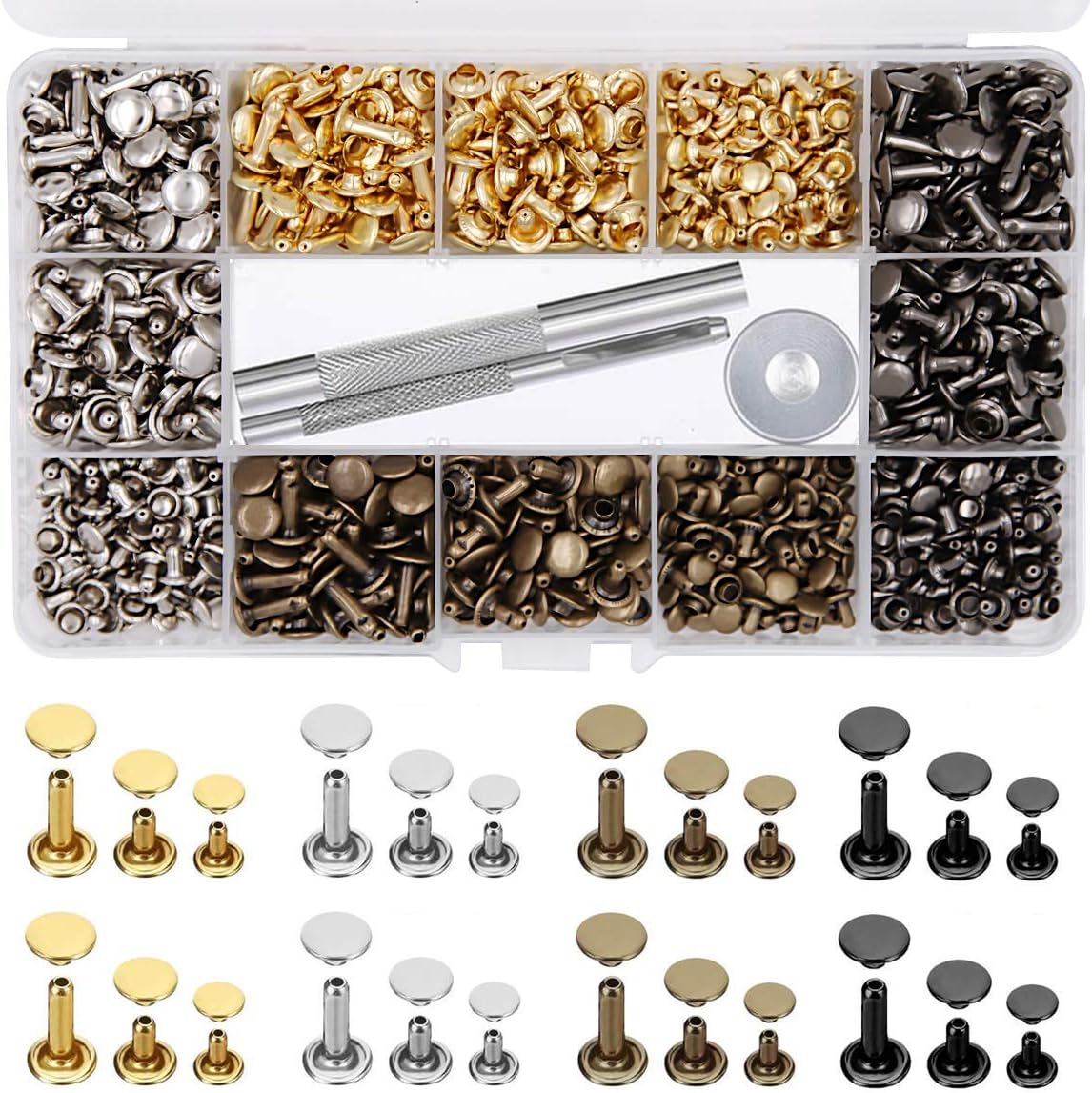 484Pcs Leather Rivets Double Cap Rivet Tubular Metal Studs 3 Sizes with Punch Pliers and 3Pcs Setting Tool Kit for Leather Craft Repairs Decoration (Gold,Silver,Bronze,Gunmetal, 4 Colors)