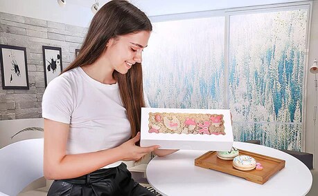 One Piece White Bakery Box with Window Pastry Boxes for Strawberries, Cookies and Desserts 12.5" x 5.5" x 2.5"