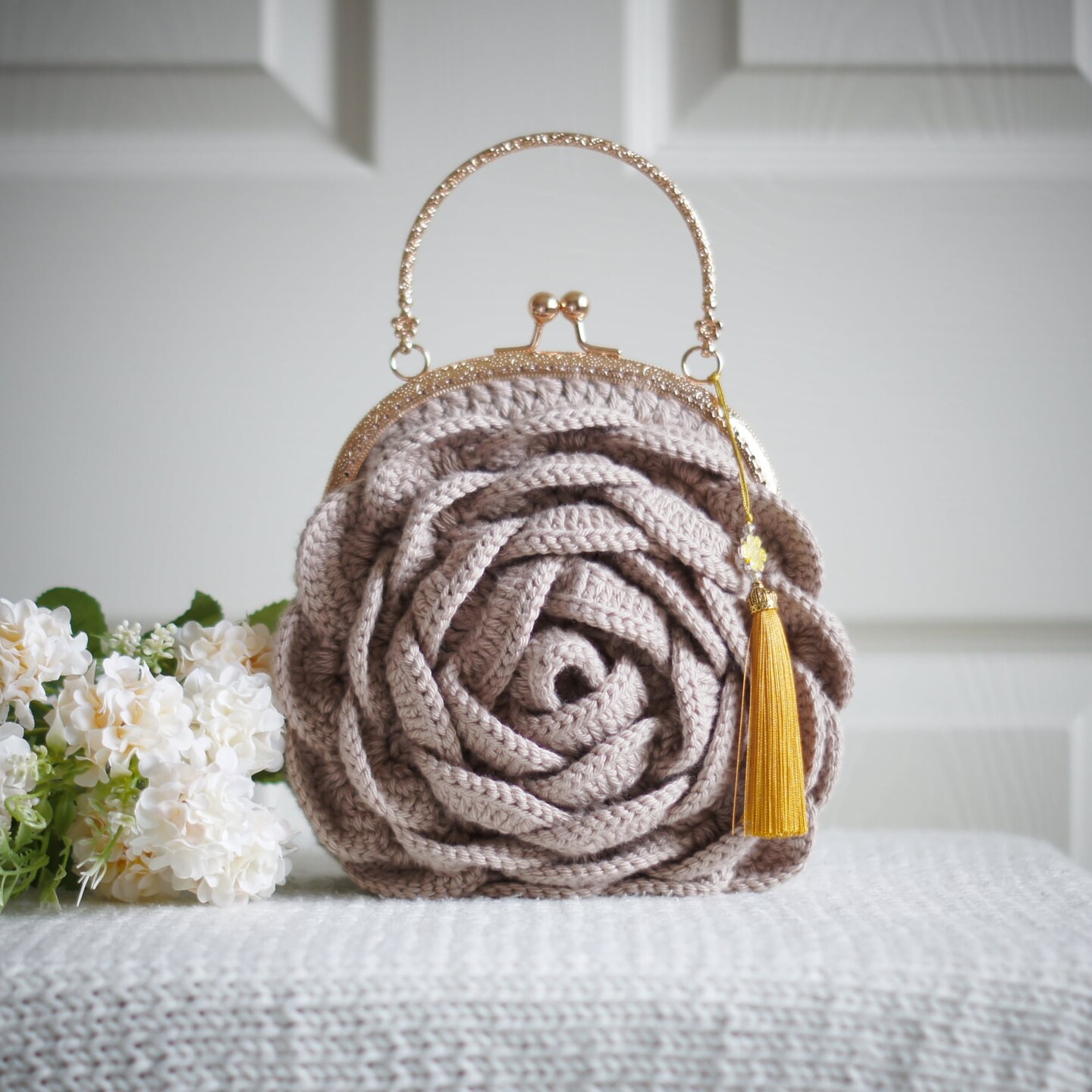 Warm Latte Crochet Rose Bag - Elegant Wedding Purse and Prom Bag
