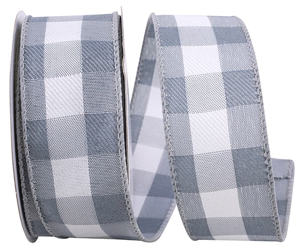 1.5 in x 10 yards --- Celine Plaid Twill Wired Edge Ribbon --- White/ Grey Color
